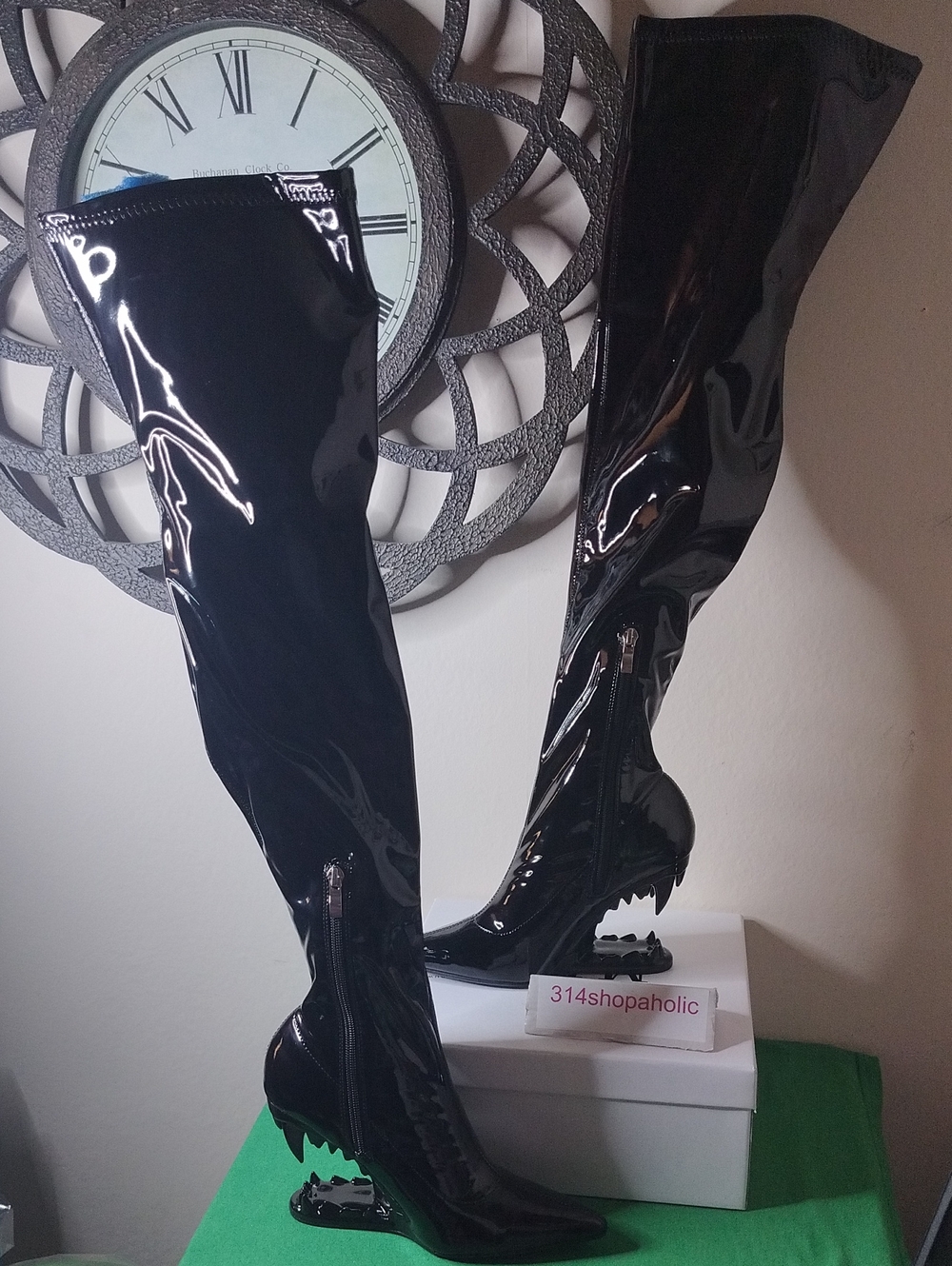 Black Patent Leather Boots With Fang Heel